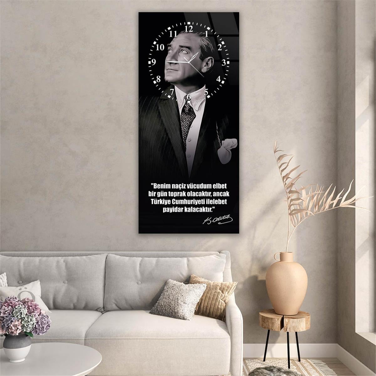 Vertical National Themed Glass Wall Art with Clock at the Top 008