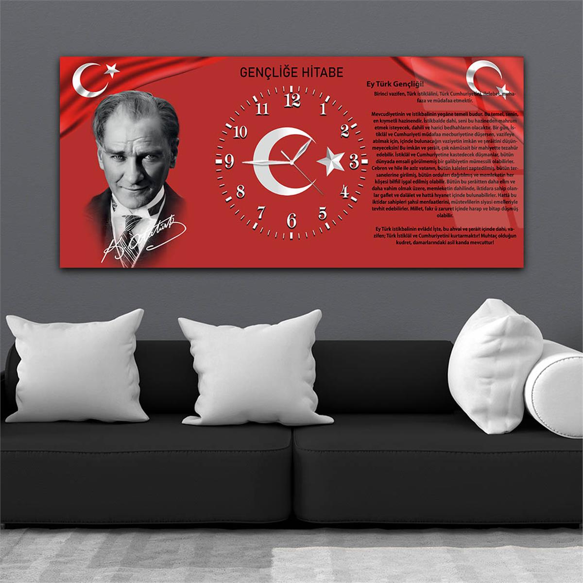 Yatay Ortadan Saatli  Vatan Temalı Cam Tablo 011