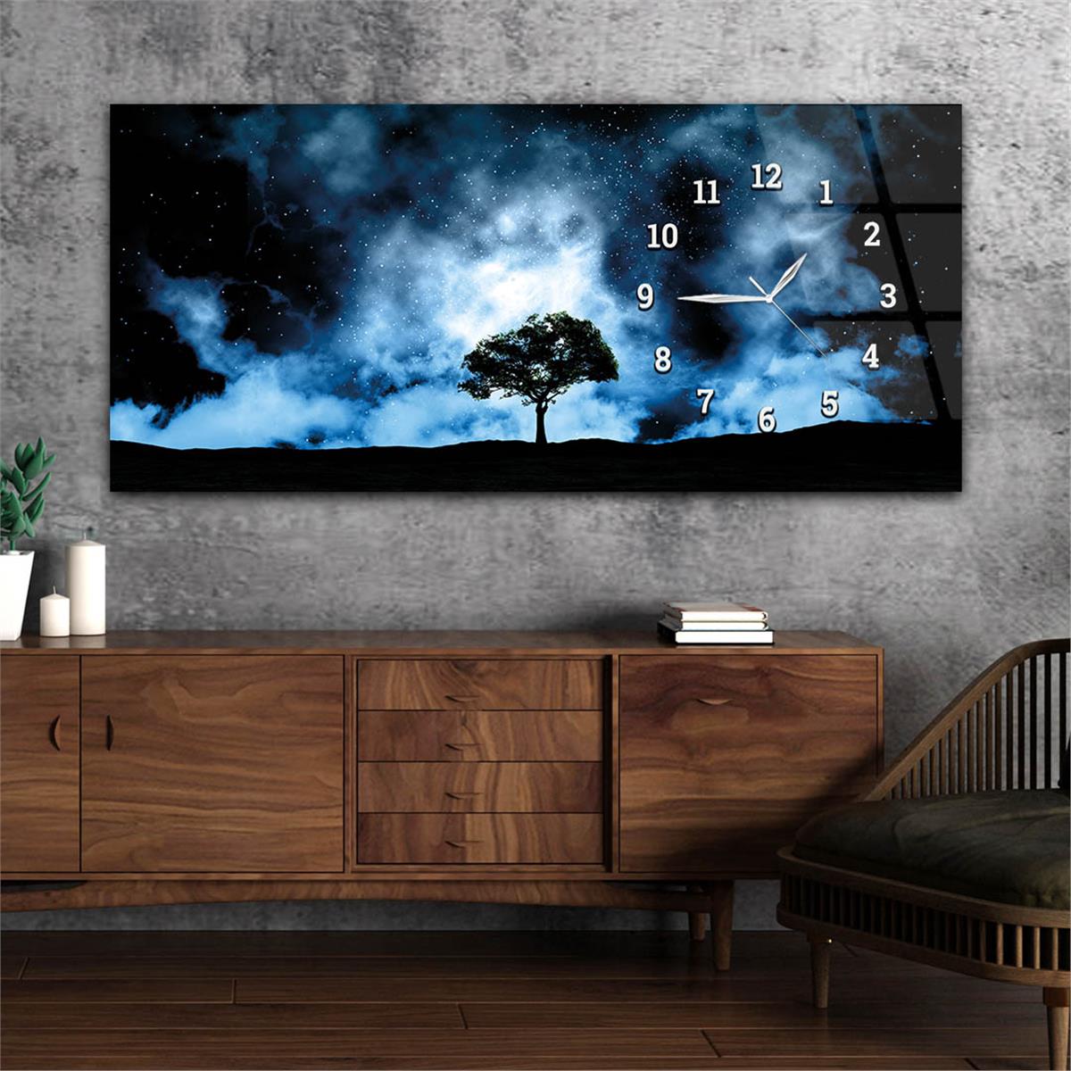 Night Sky Stars Horizontaal, Aan De Zijkant Voorzien Van Een Klok, Kunst en Natuur Thema Gehard Glasschilderij 239