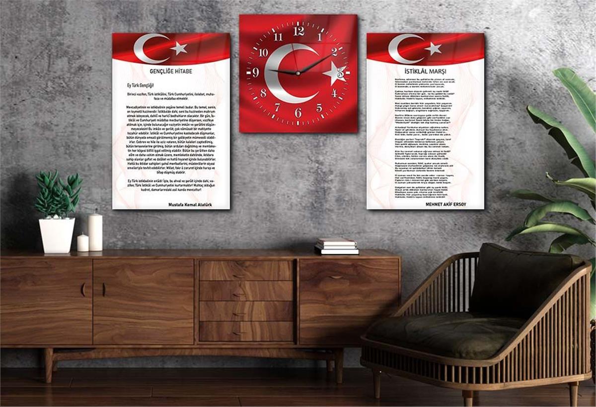 Atatürk and Independence March Glass Wall Art Set with Clock