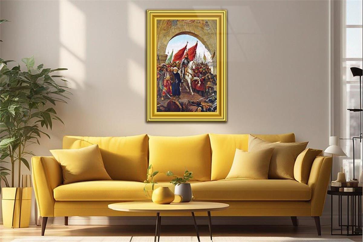 Glass Wall Art Depicting the Entry of Fatih Sultan Mehmet Han into Istanbul with Frame Visual