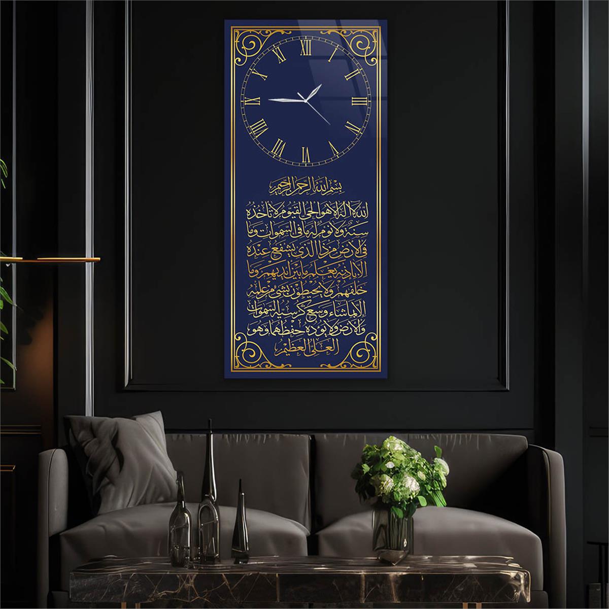 Vertical Religious Themed Glass Wall Art with Clock at the Top  004