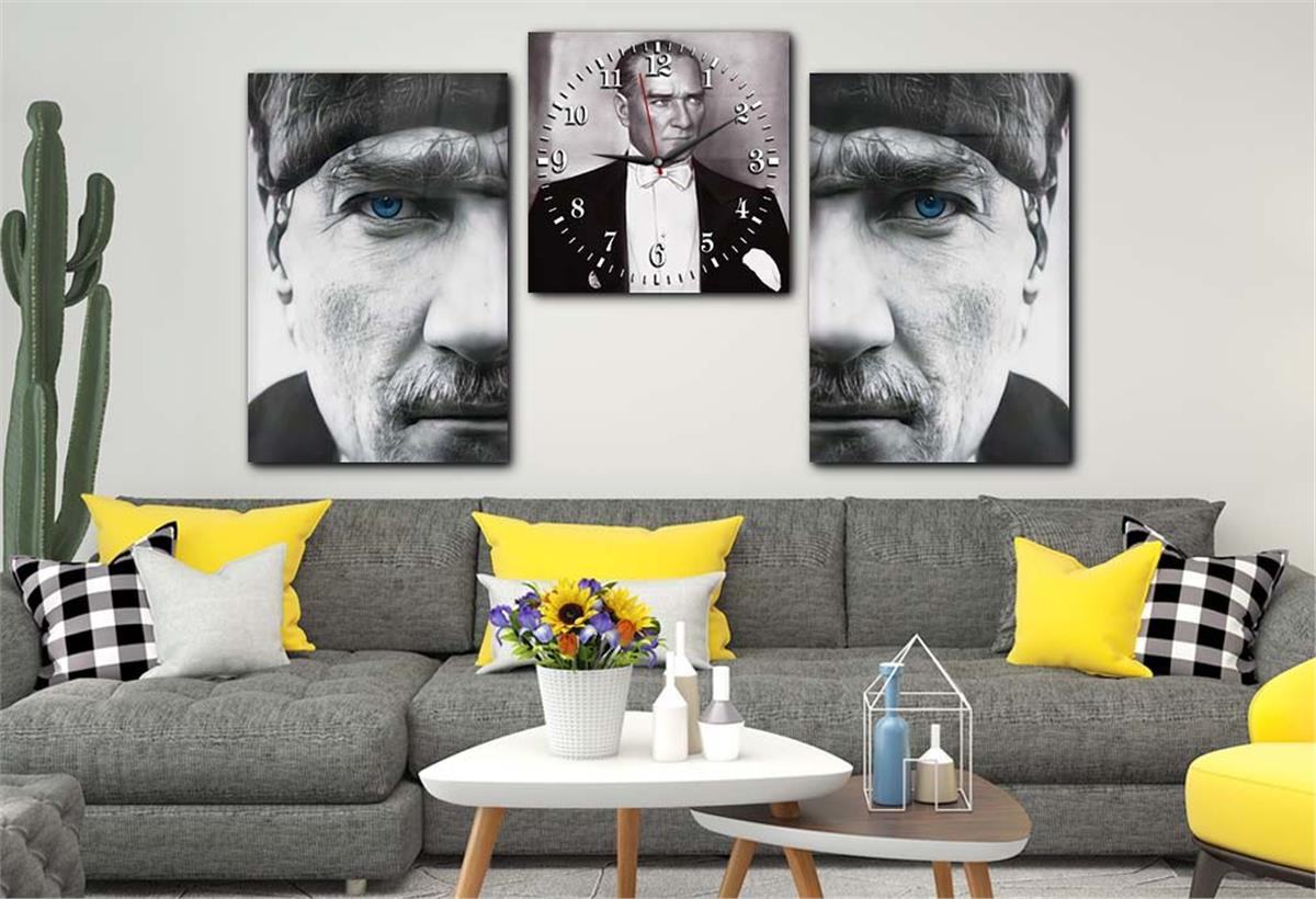 MUSTAFA KEMAL ATATÜK Tempered Glass Wall Art Set with Clock