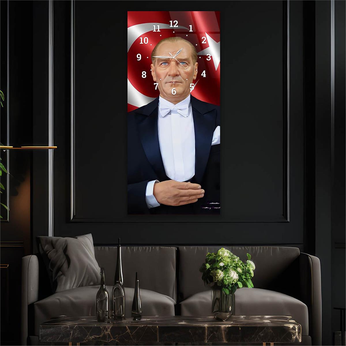 Dikey Üstten Saatli Vatan Temalı Cam Tablo 017