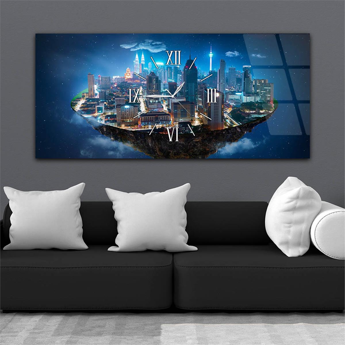 Yatay Ortadan Saatli  Sanat ve Doğa Temalı Cam Tablo 052