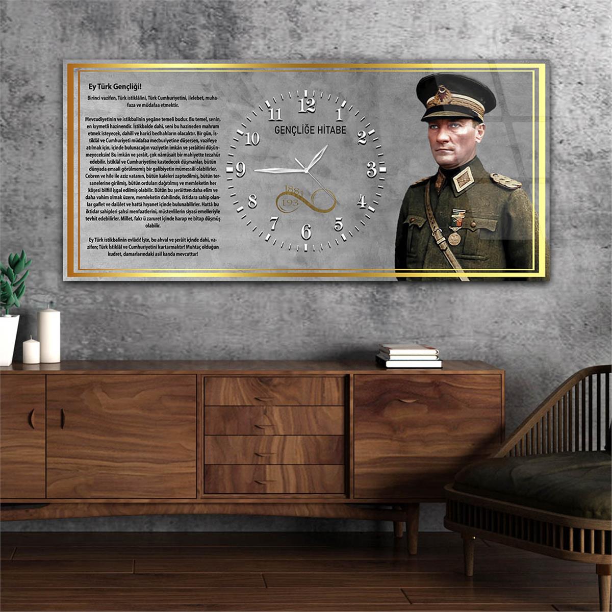 Mareşal Mustafa Kemal Atatürk ve Gençliğe Hitabesi Saatli  Vatan Temalı Cam Tablo 041