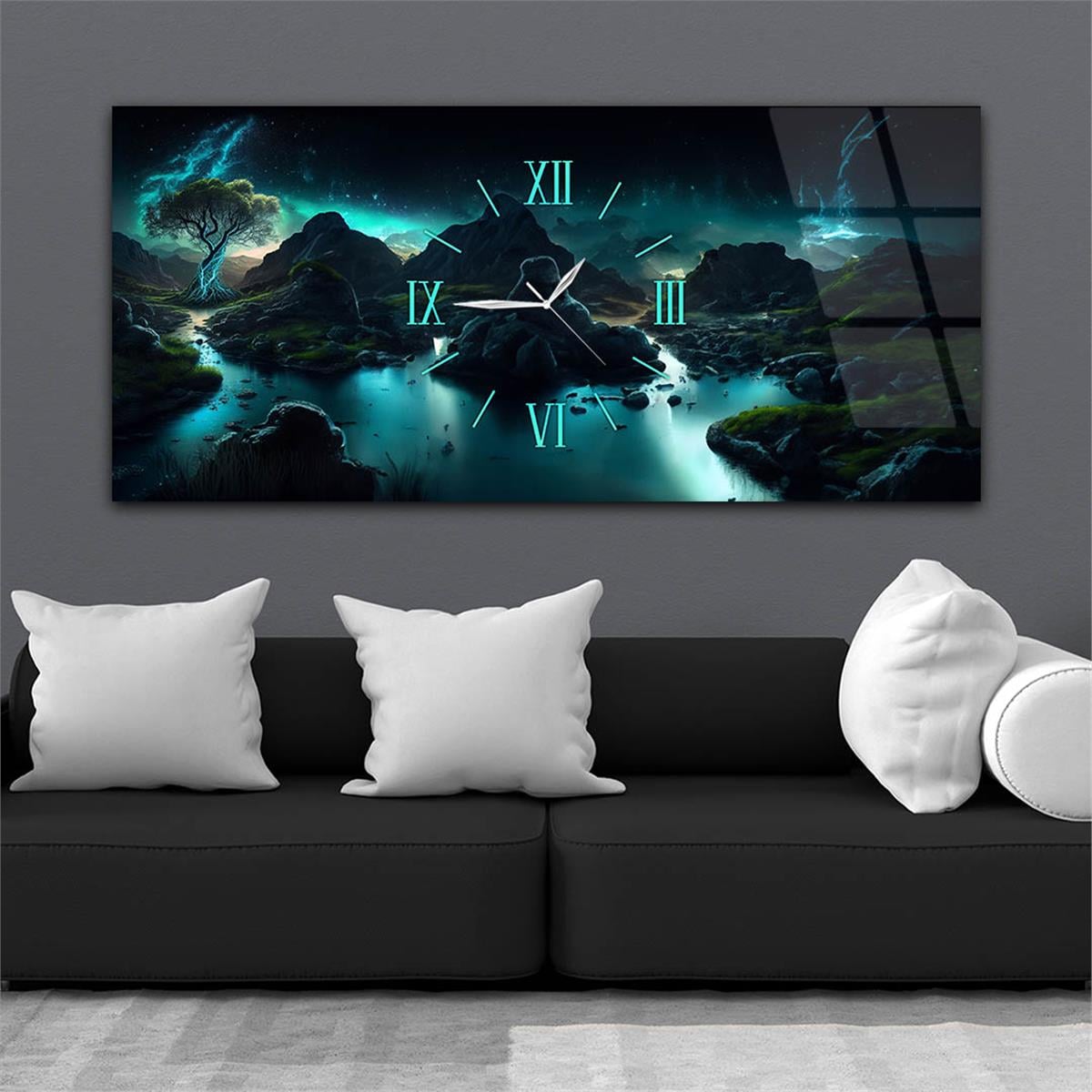 Horizontaal, in Het Midden Voorzien Van Een Klok, Kunst En Natuur Thema Gehard Glasschilderij 061