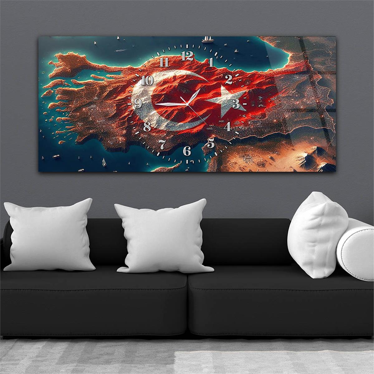 Yatay Saatli Ortadan Vatan Temalı Cam Tablo 116