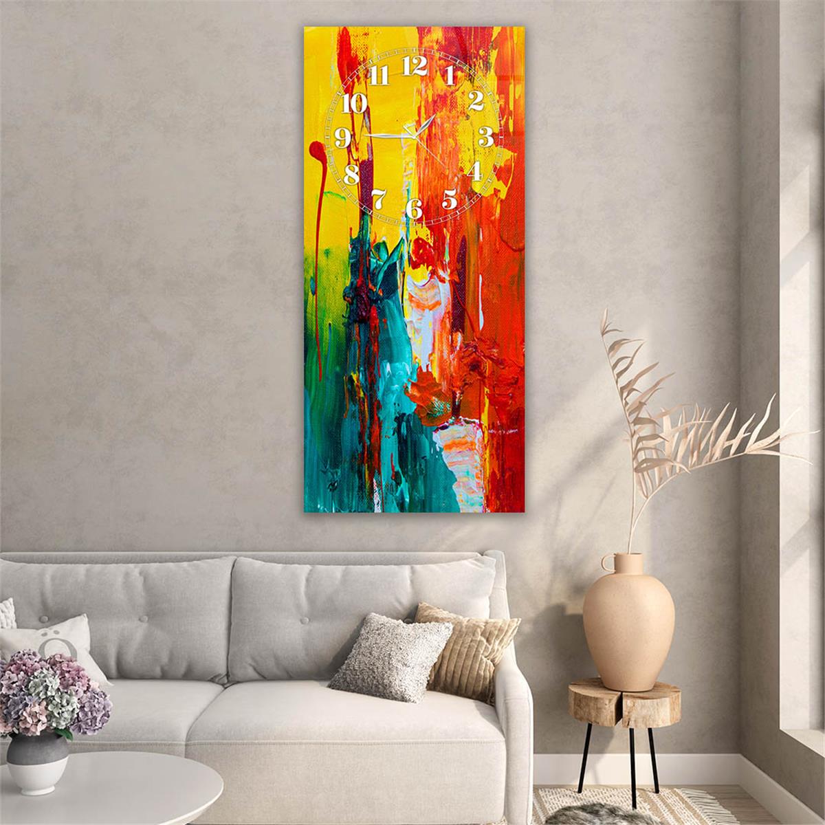 Dikey Üstten Saatli Sanat Temalı Cam Tablo 013