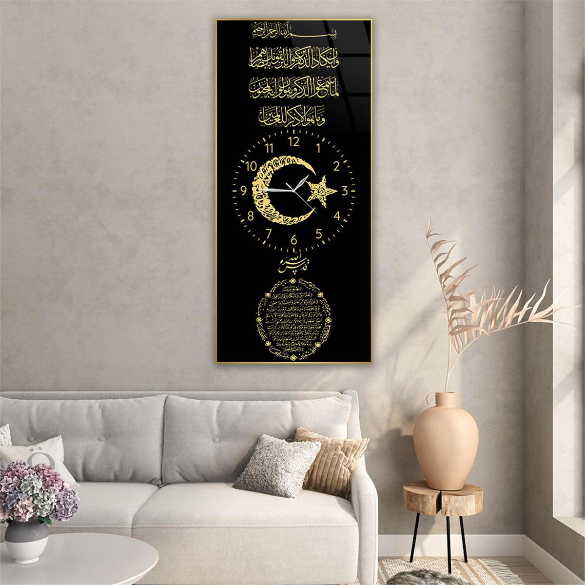 Vertical Religious Themed Glass Wall Art with Clock at the Center 022