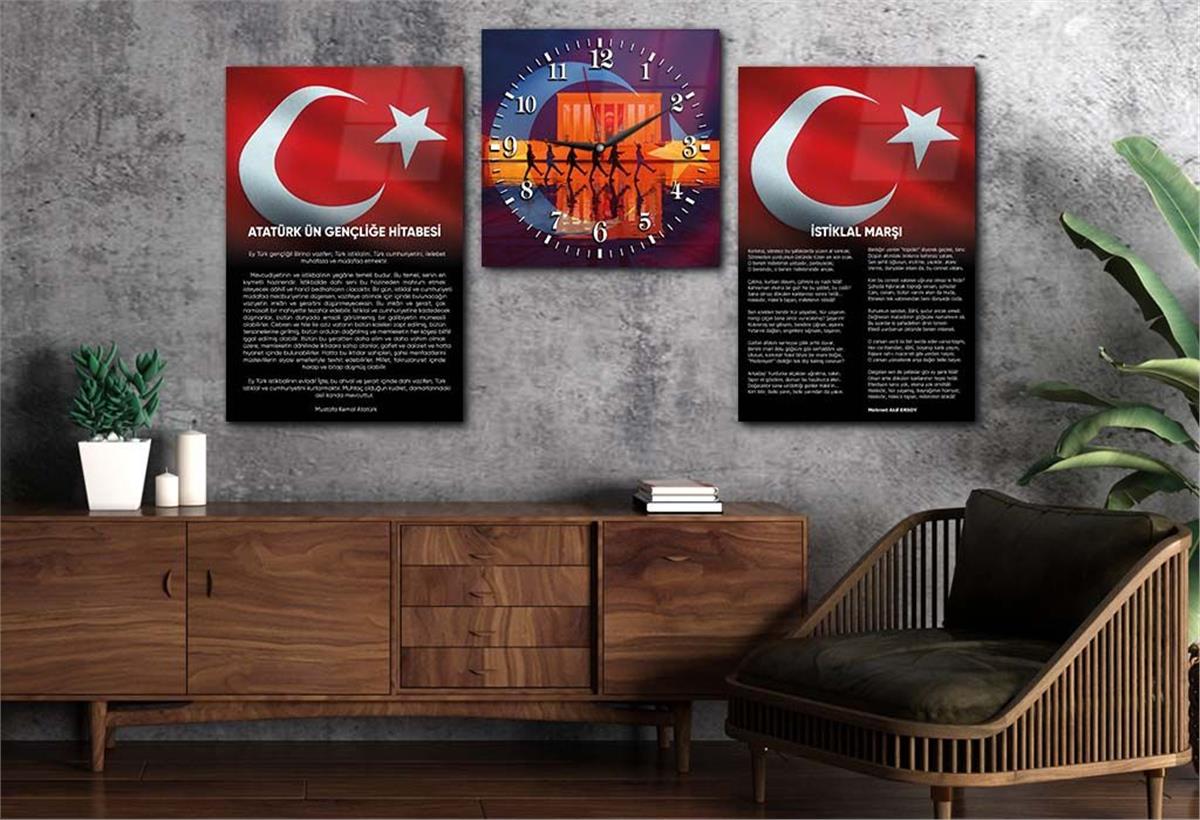 Atatürk and Independence March Glass Wall Art Set with Clock