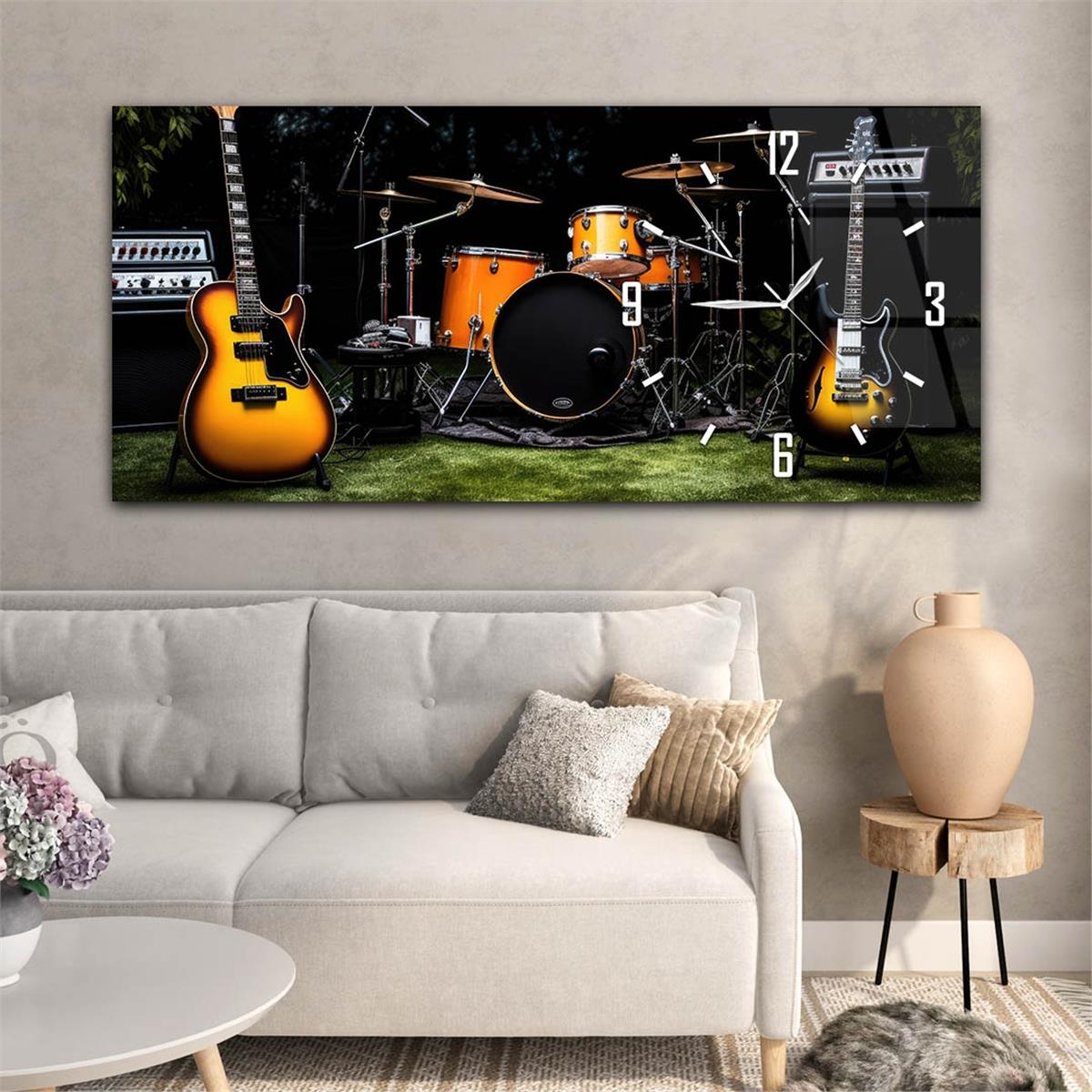 Yatay Saatli Yandan Sanat Temalı Cam Tablo 381