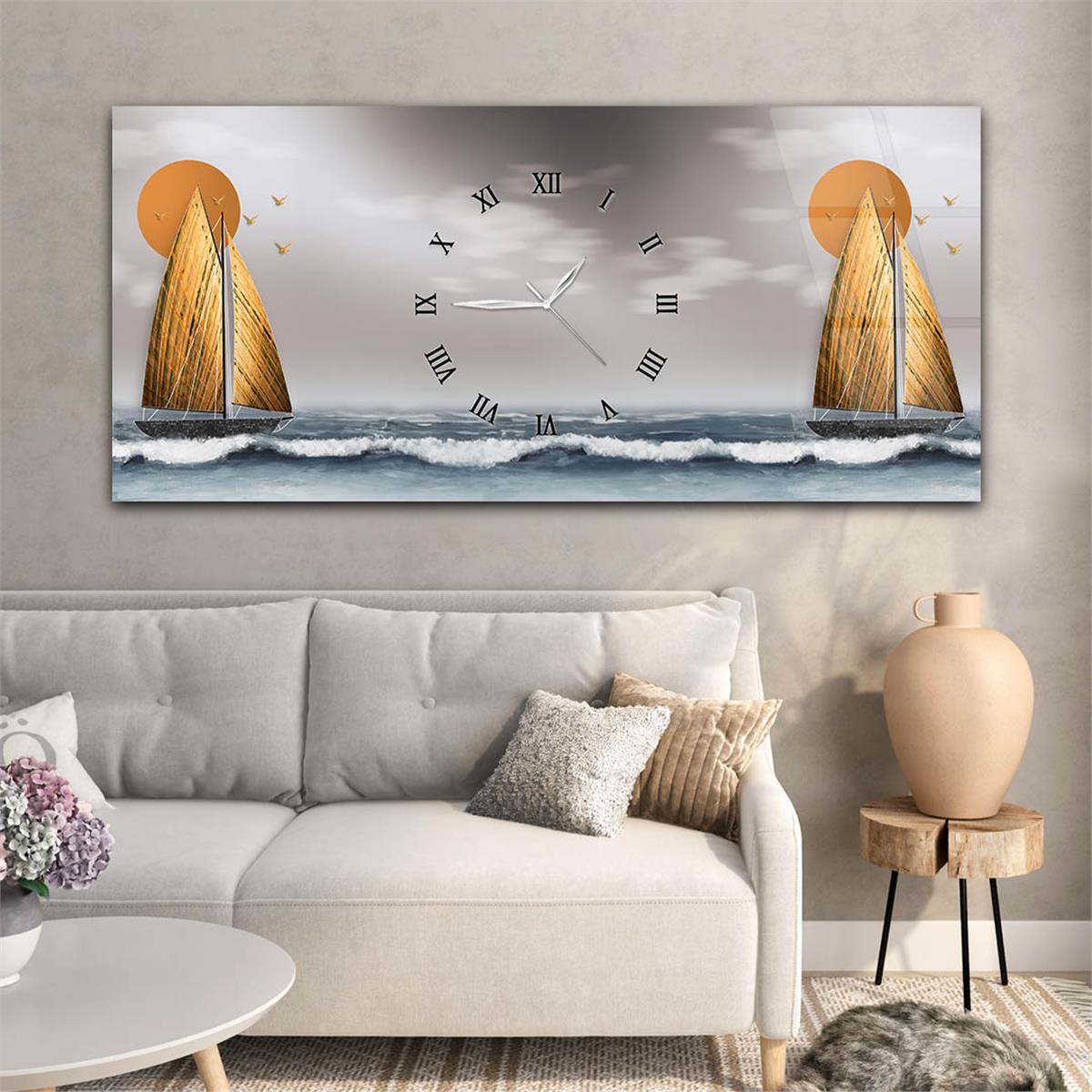 Yatay Ortadan Saatli  Sanat ve Doğa Temalı Cam Tablo 079