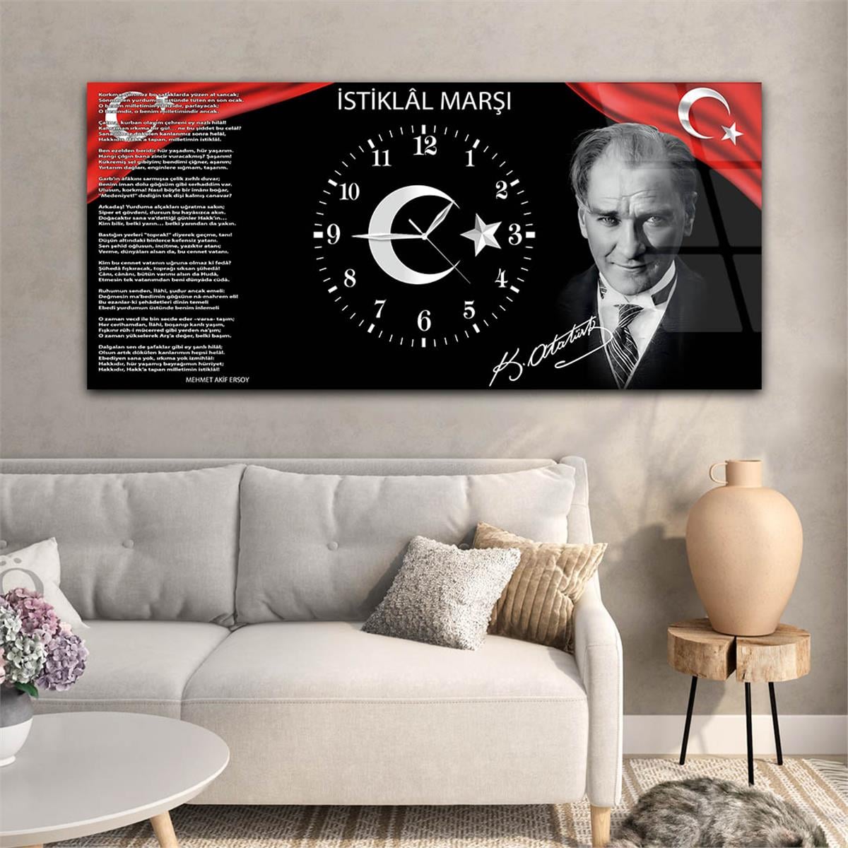 Yatay Ortadan Saatli  Vatan Temalı Cam Tablo 013