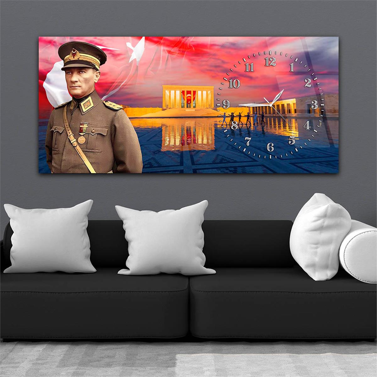 Yatay Saatli Yandan Vatan Temalı Cam Tablo 025