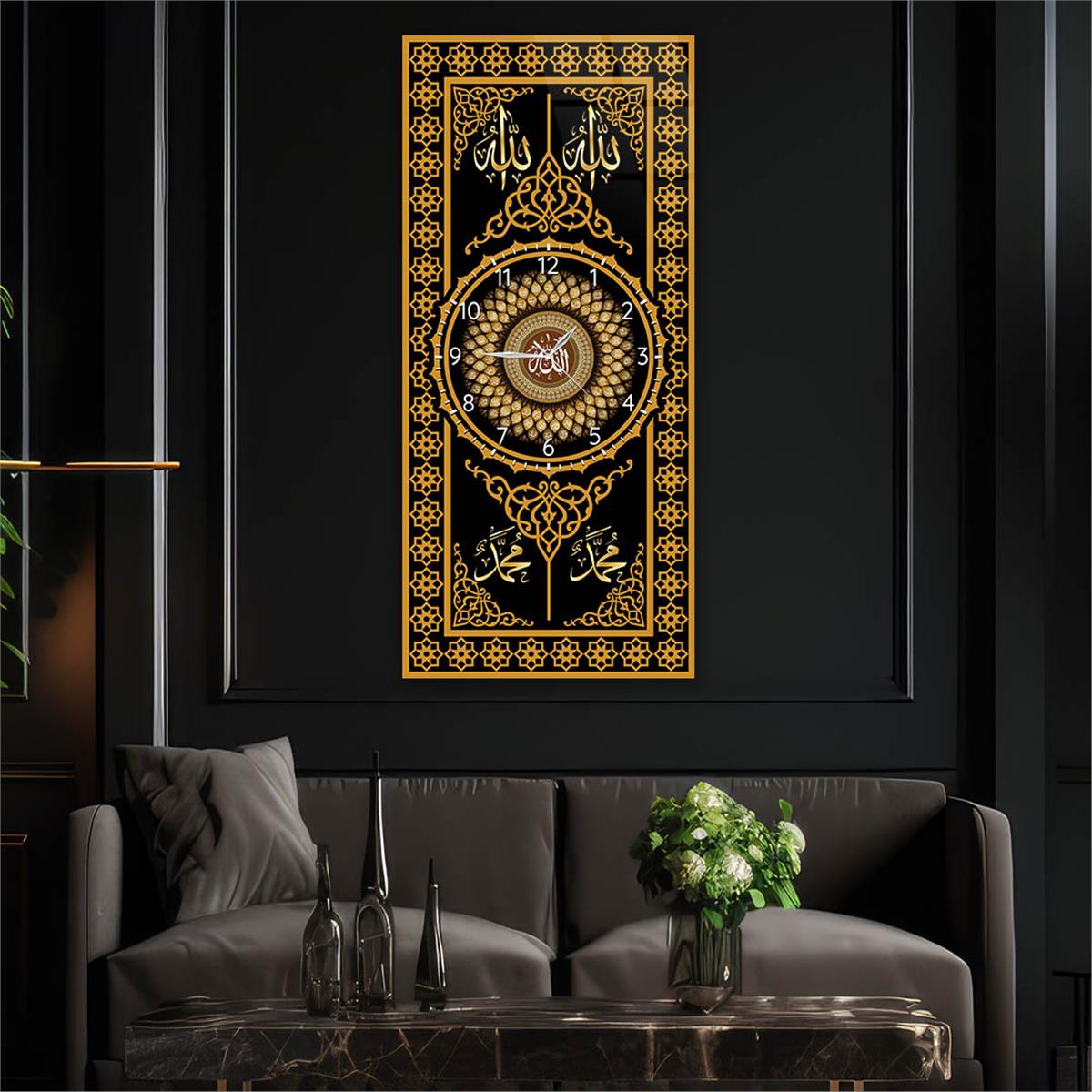 Vertical Religious Themed Glass Wall Art with Clock at the Center 014