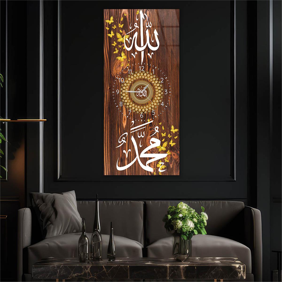 Vertical Religious Themed Glass Wall Art with Clock at the Center 018