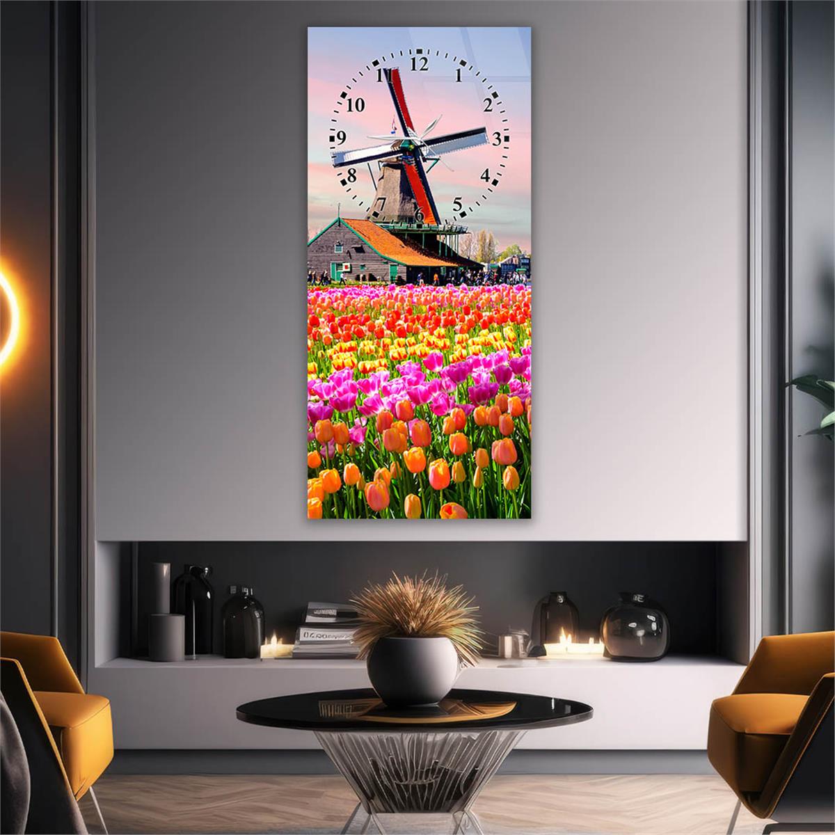 Dikey Üstten Saatli Sanat Temalı Cam Tablo 038