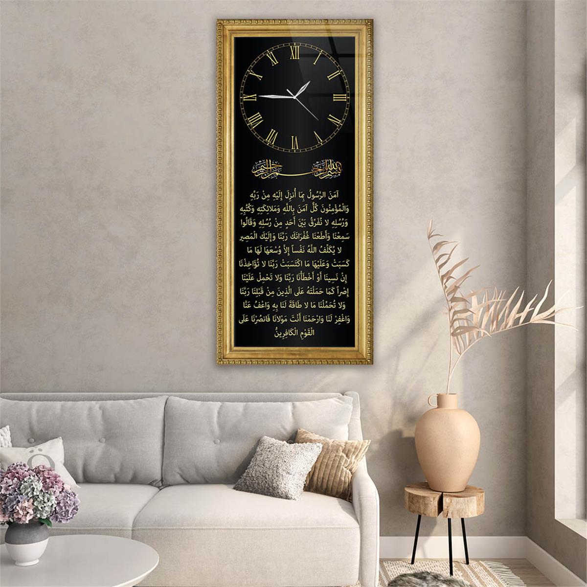 Vertical Religious Themed Glass Wall Art with Clock at the Top  002