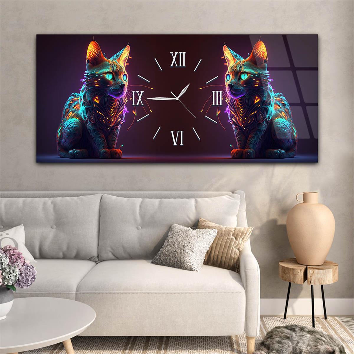 Horizontaal, in Het Midden Voorzien Van Een Klok, Kunst En Natuur Thema Gehard Glasschilderij 086