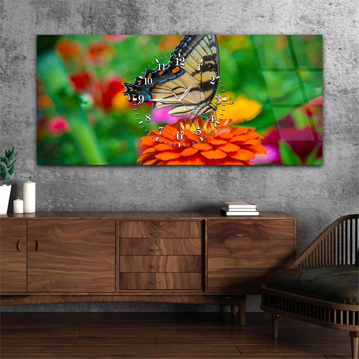 Horizontaal, in Het Midden Voorzien Van Een Klok, Kunst En Natuur Thema Gehard Glasschilderij 007