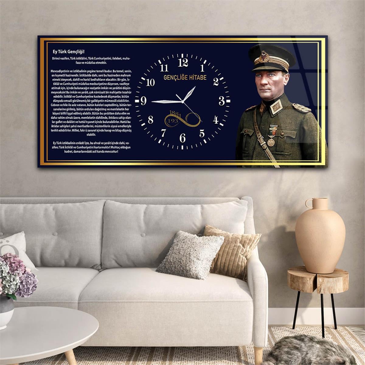 Mustafa Kemal Atatürk ve Gençliğe Hitabe Yatay Ortadan Saatli Cam Tablo 038