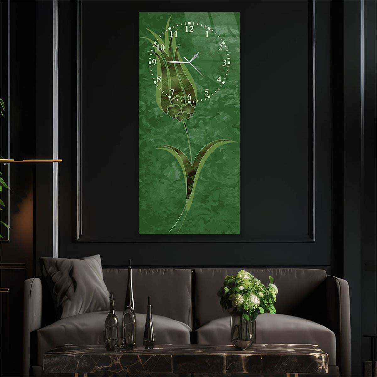 Dikey Üstten Saatli Sanat Temalı Cam Tablo 049