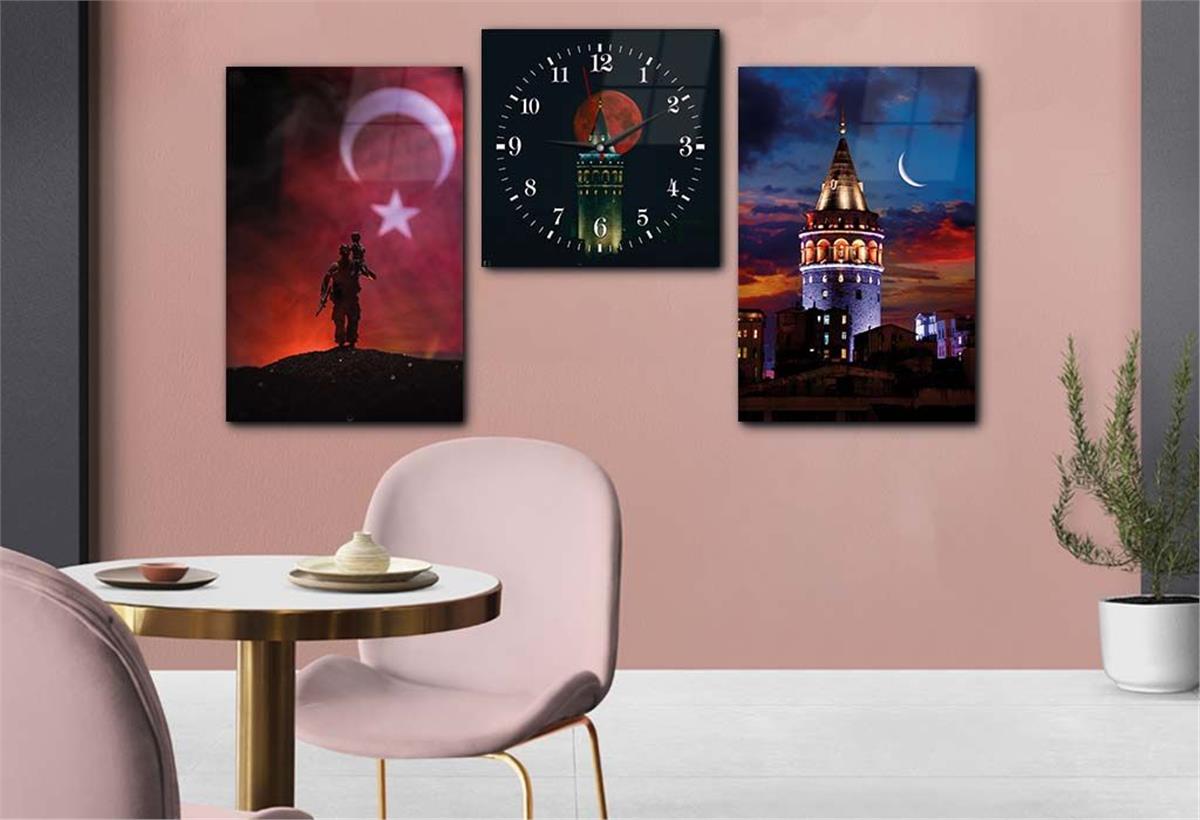Galata Tower and Turkish Flag Tempered Glass Wall Art Set with Clock