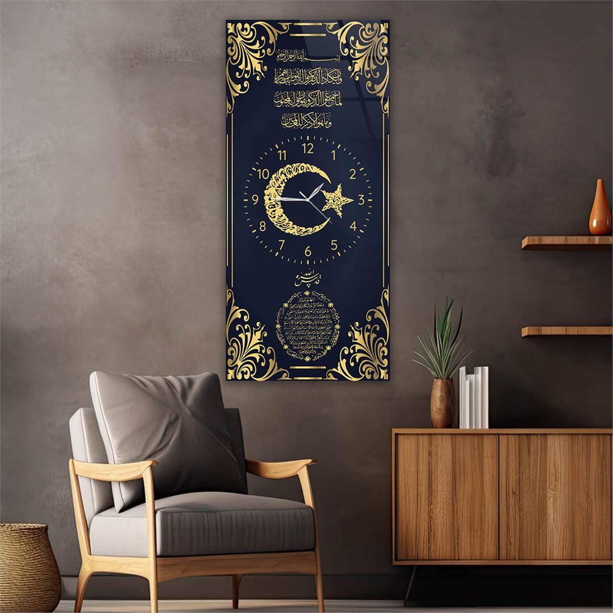 Vertical Religious Themed Glass Wall Art with Clock at the Center 021