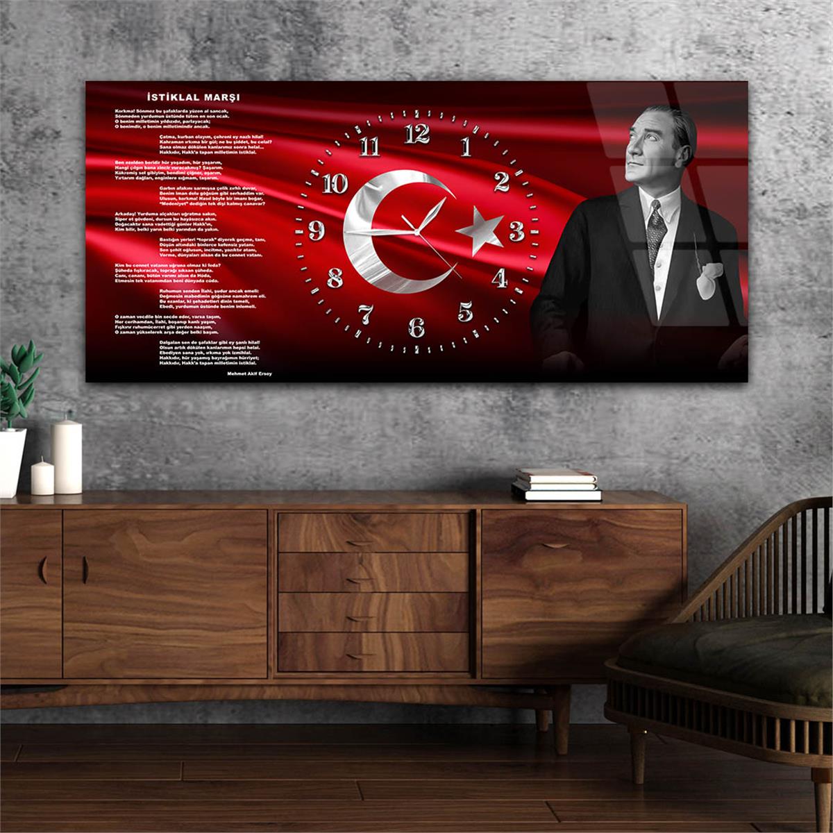 Yatay Saatli Ortadan Vatan Temalı Cam Tablo 168