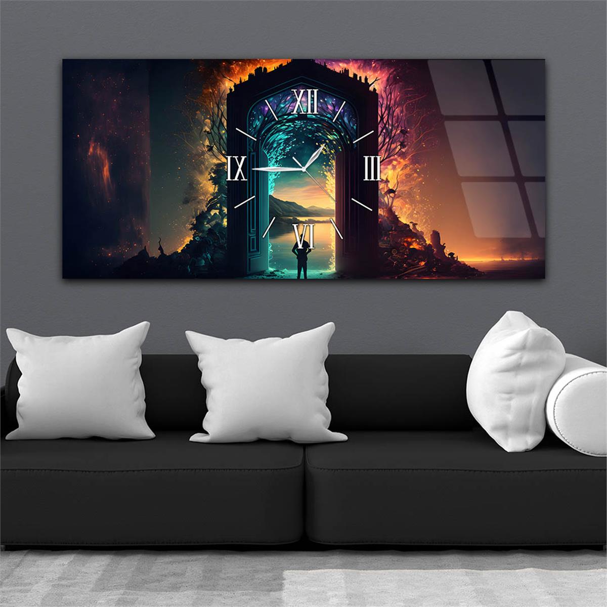 Horizontaal, in Het Midden Voorzien Van Een Klok, Kunst En Natuur Thema Gehard Glasschilderij 109