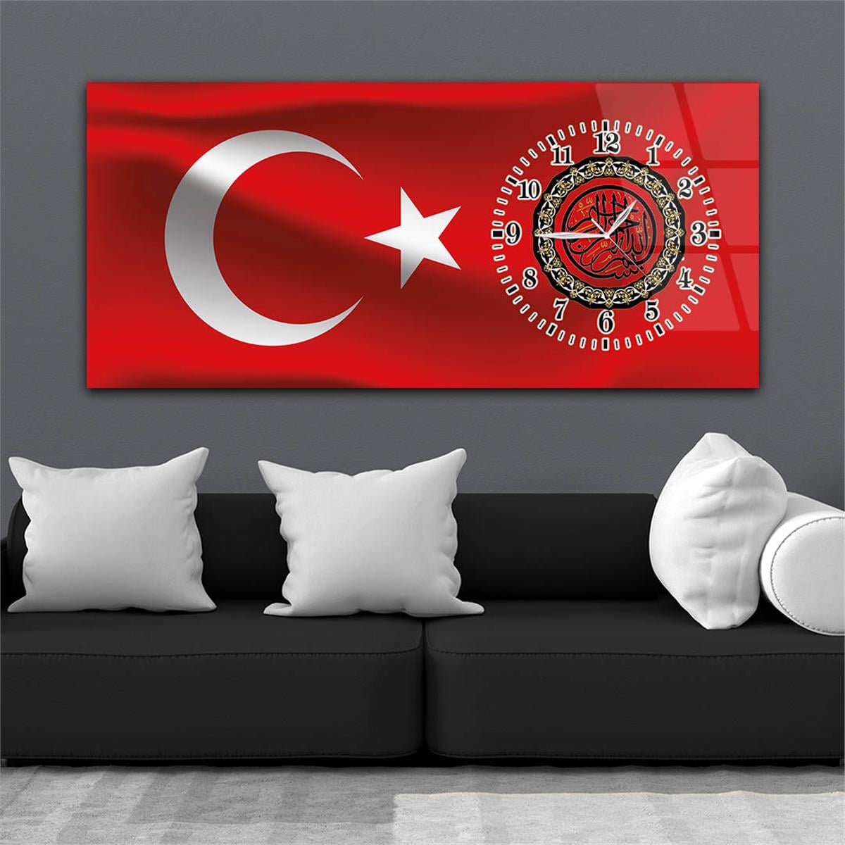 Yatay Saatli Yandan Vatan Temalı Cam Tablo 012