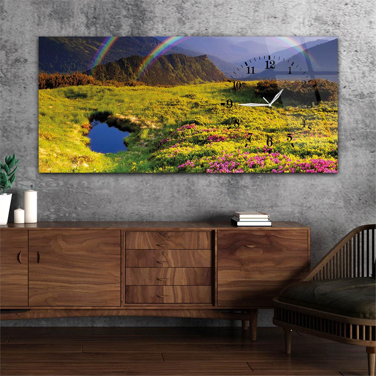 Yatay Saatli Yandan Sanat ve Doğa Temalı Cam Tablo 084