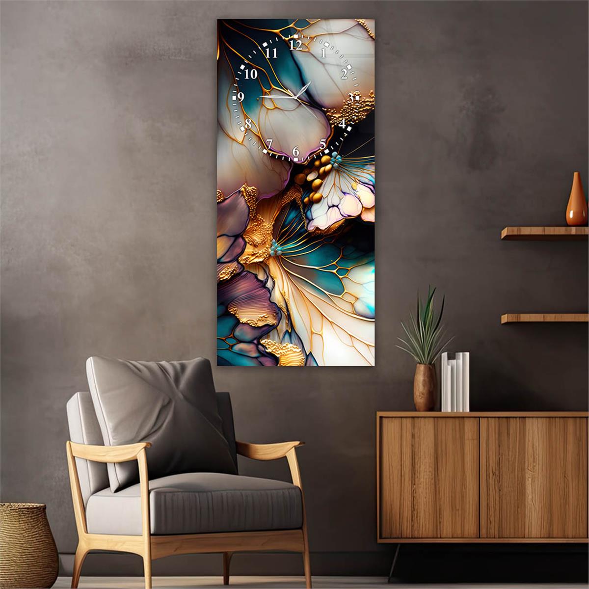 Dikey Üstten Saatli Sanat Temalı Cam Tablo 029