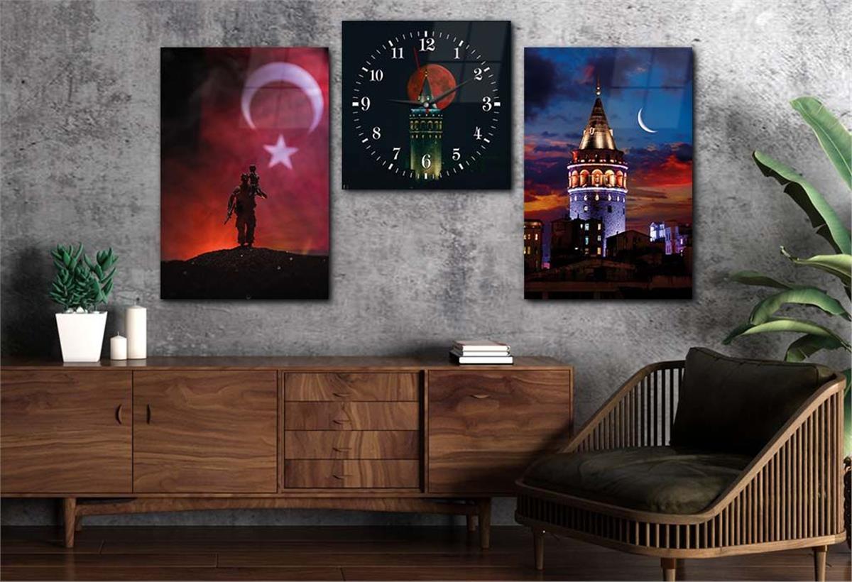 Galata Tower and Turkish Flag Tempered Glass Wall Art Set with Clock