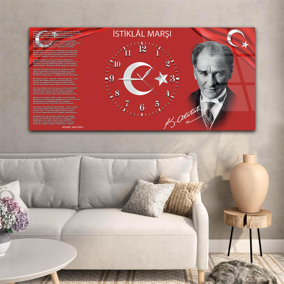 Yatay Ortadan Saatli  Vatan Temalı Cam Tablo 012