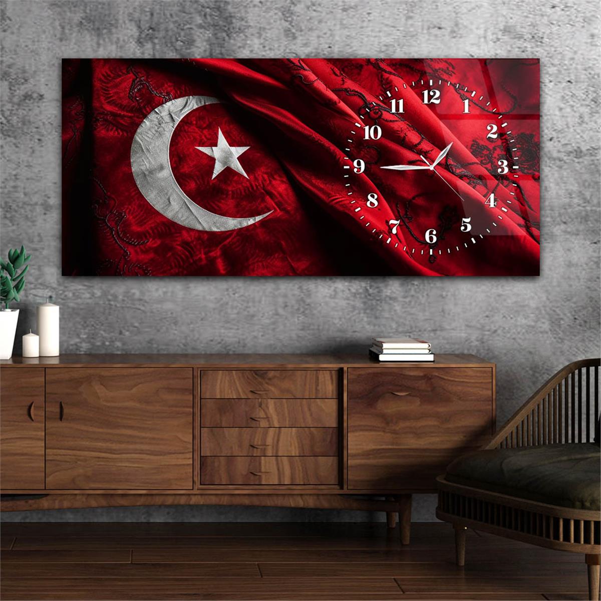 Yatay Saatli Yandan Vatan Temalı Cam Tablo 029