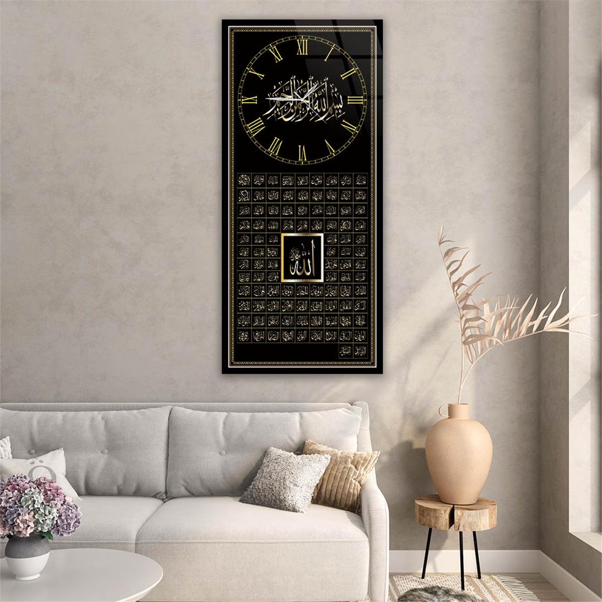 Vertical Religious Themed Glass Wall Art with Clock at the Top  006