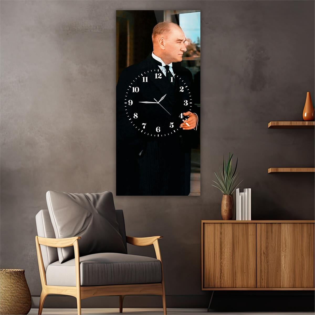 Dikey Ortadan Saatli Vatan Temalı Cam Tablo 002