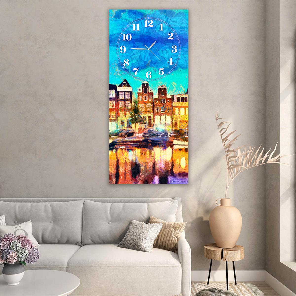 Dikey Üstten Saatli Sanat Temalı Cam Tablo 039