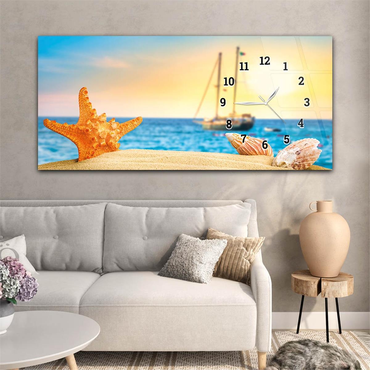Beach Starfish, Seashell and Sailboat Horizontaal, Aan De Zijkant Voorzien Van Een Klok, Kunst en Natuur Thema Gehard Glasschilderij 235