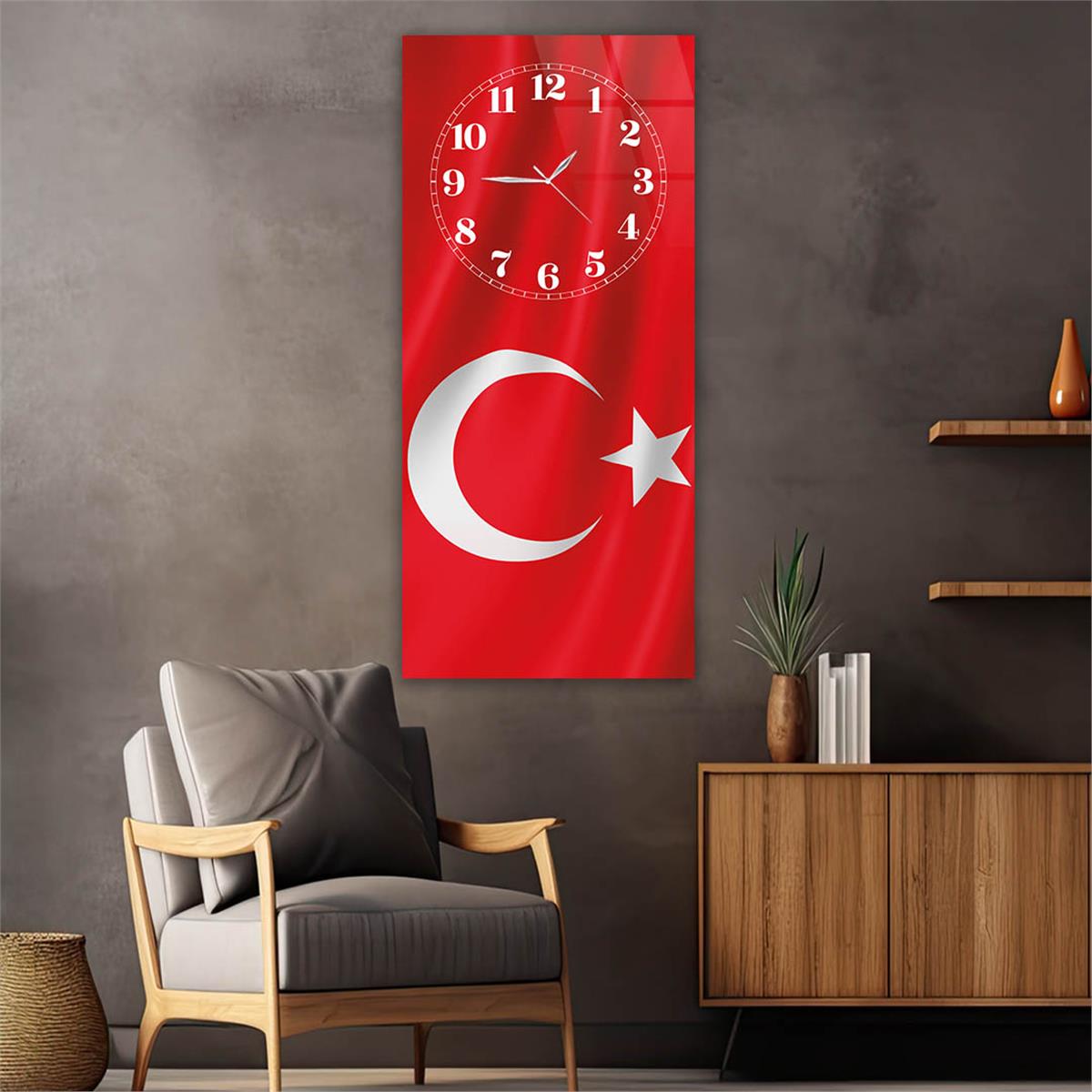 Dikey Üstten Saatli Vatan Temalı Cam Tablo 043