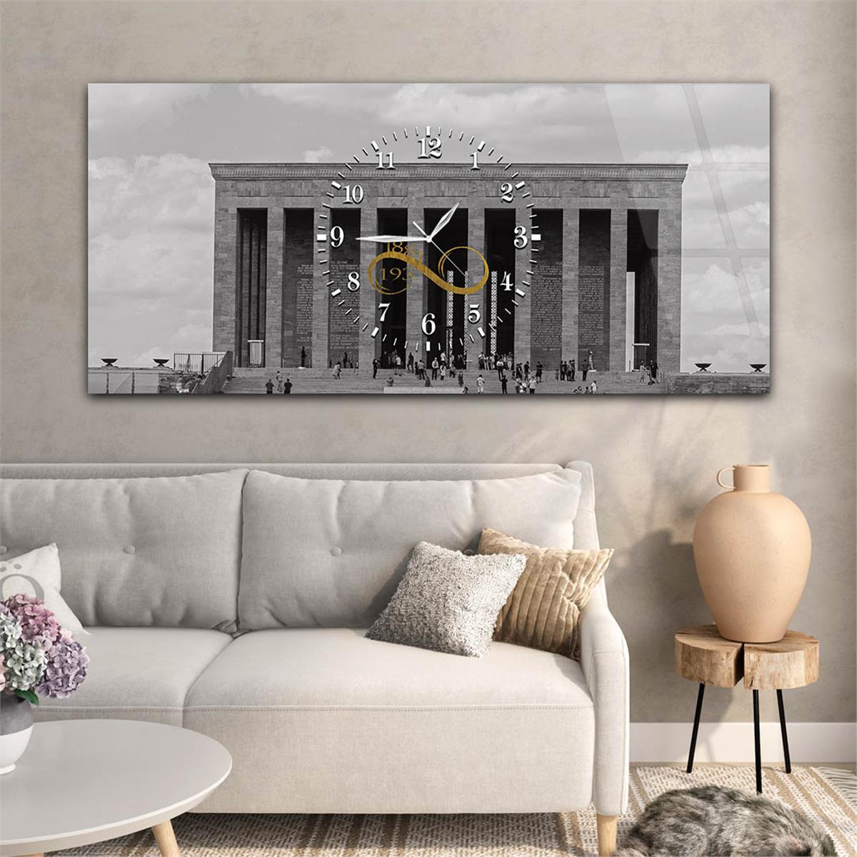 Anıtkabir ve Sonsuz 1881-1938 Yazılı Yatay Ortadan Saatli  Vatan Temalı Cam Tablo 059