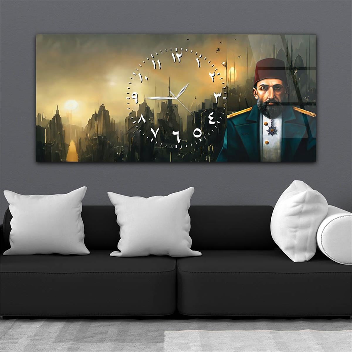 Yatay Saatli Ortadan Vatan Temalı Cam Tablo 163