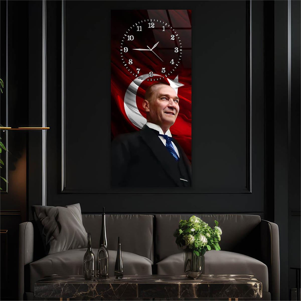 Dikey Üsten Saatli Vatan Temalı Cam Tablo 003