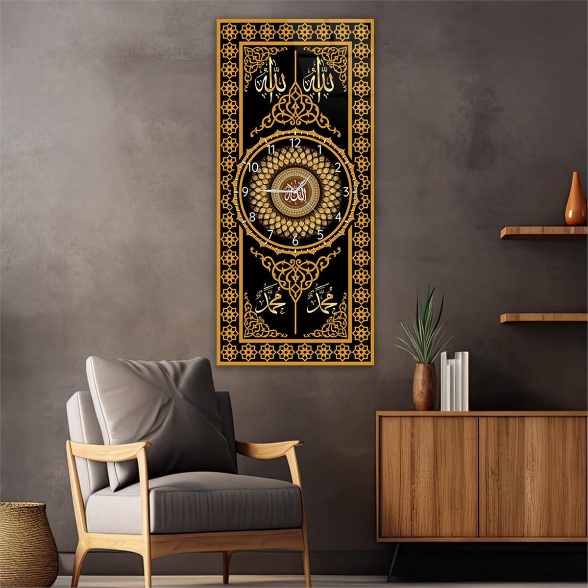 Vertical Religious Themed Glass Wall Art with Clock at the Center 014
