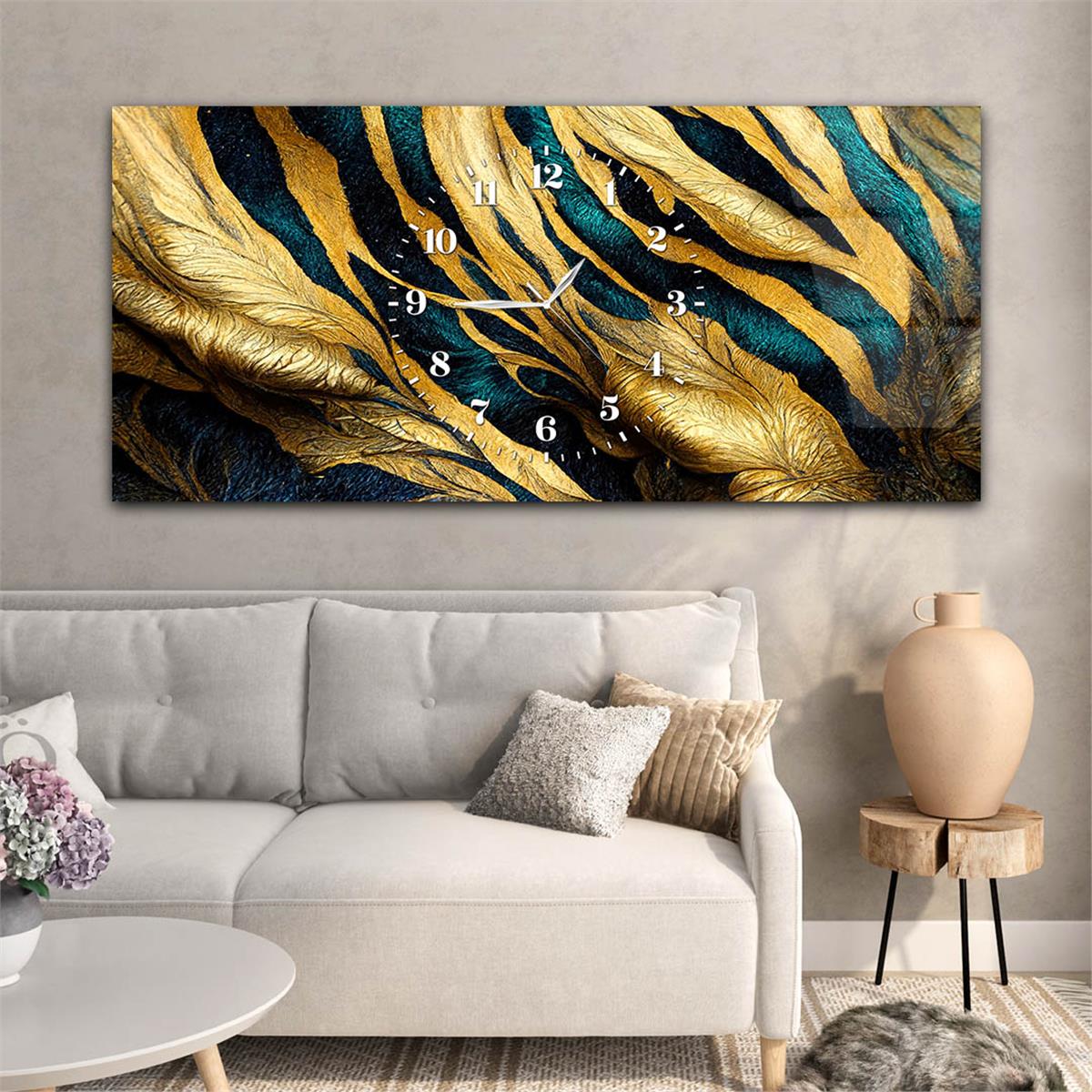 Gold ve Mavi Renkli, Çizgi ve Yaprak Desenli Saatli Cam Tablo