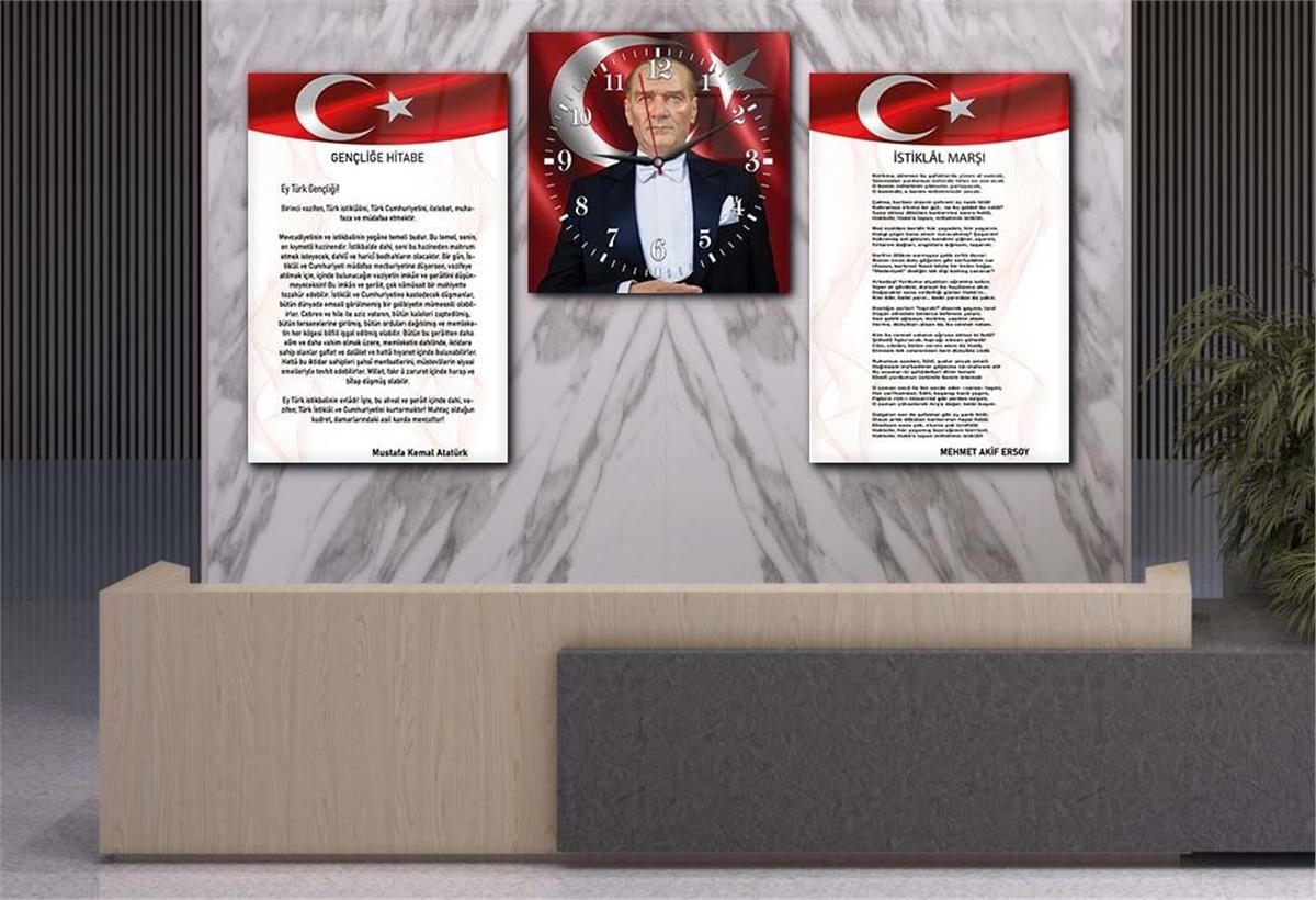 Atatürk and Independence March Glass Wall Art Set with Clock