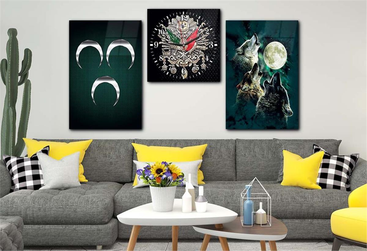 Ottoman State Coat of Arms and Three Crescent and Gray Wolf Tempered Glass Wall Art Set with Clock