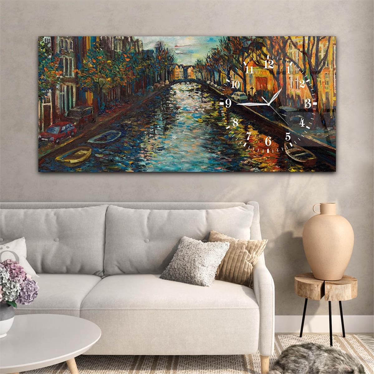 Yatay Saatli Yandan Sanat ve Doğa Temalı Cam Tablo 077